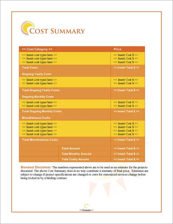 Proposal Pack Outdoors #2 Cost Summary Page