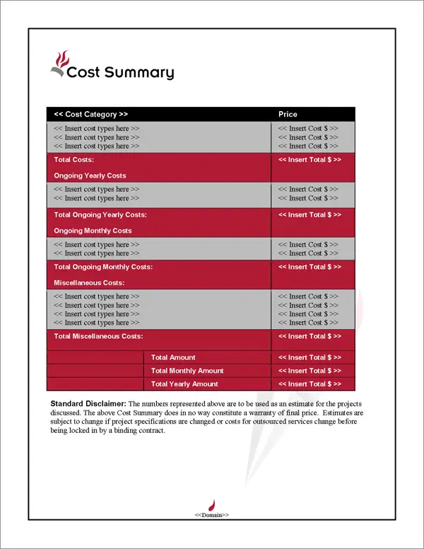 Proposal Pack Concepts #12 Cost Summary Page