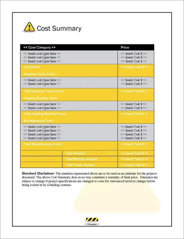 Proposal Pack Safety #3 Cost Summary Page