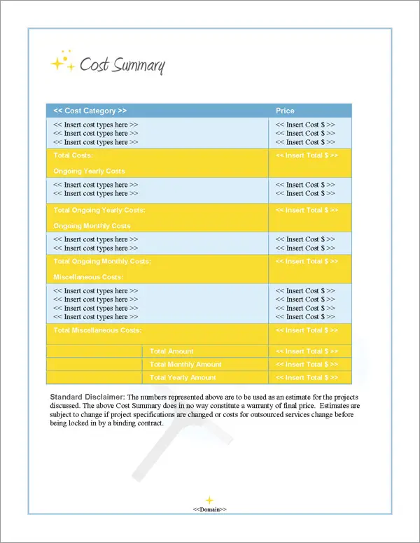 Proposal Pack Janitorial #2 Cost Summary Page