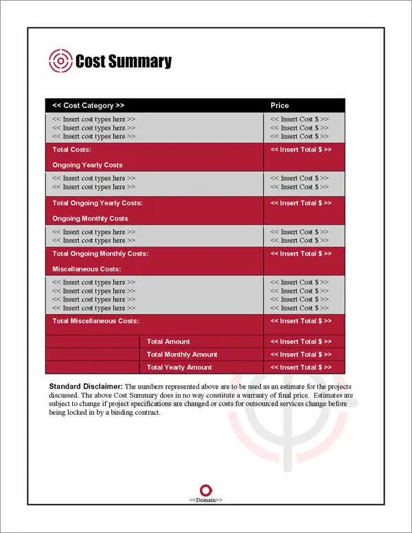 Proposal Pack Security #7 Cost Summary Page