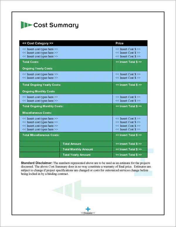 Proposal Pack Electrical #3 Cost Summary Page