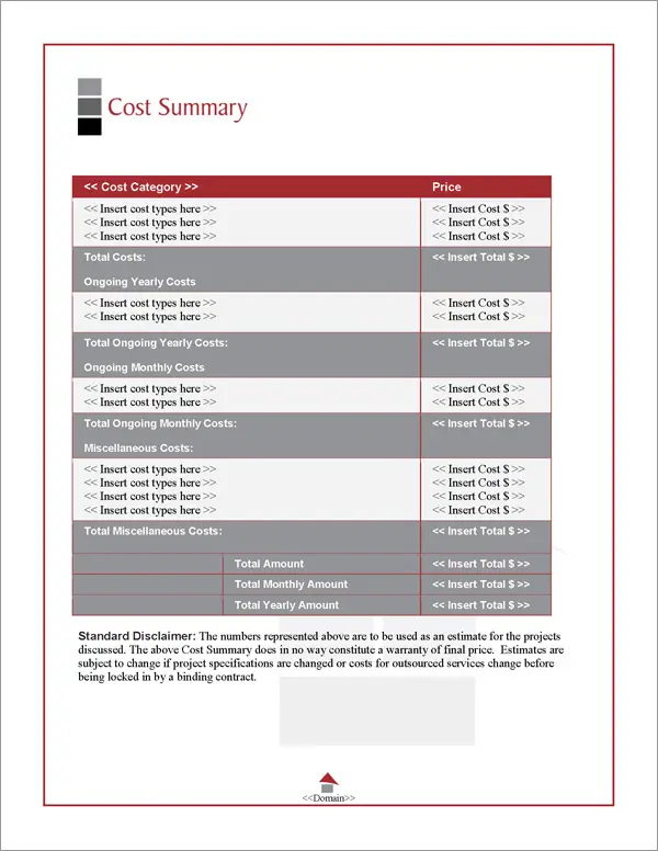 Proposal Pack Architecture #1 Cost Summary Page