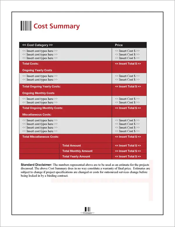 Proposal Pack Tech #7 Cost Summary Page