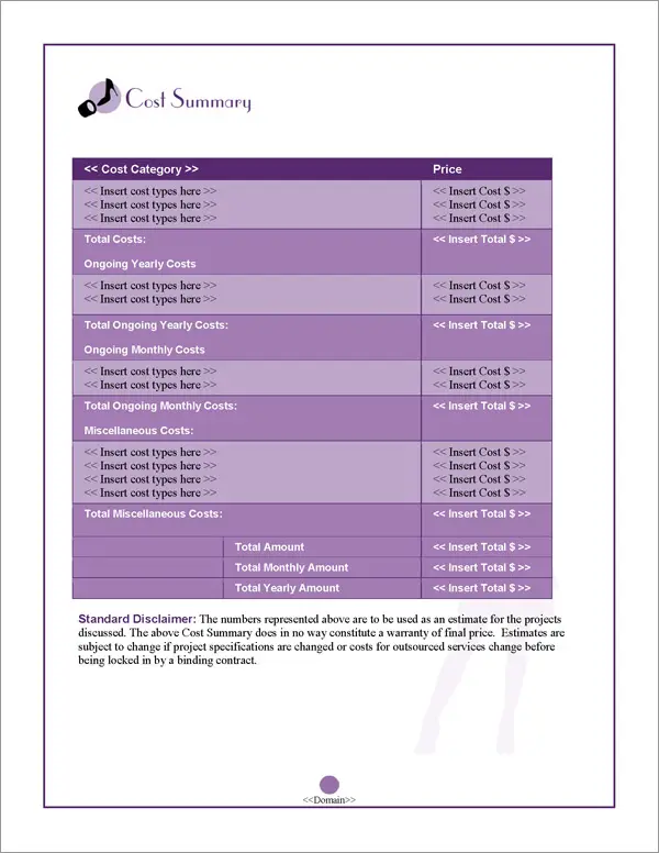 Proposal Pack Fashion #4 Cost Summary Page