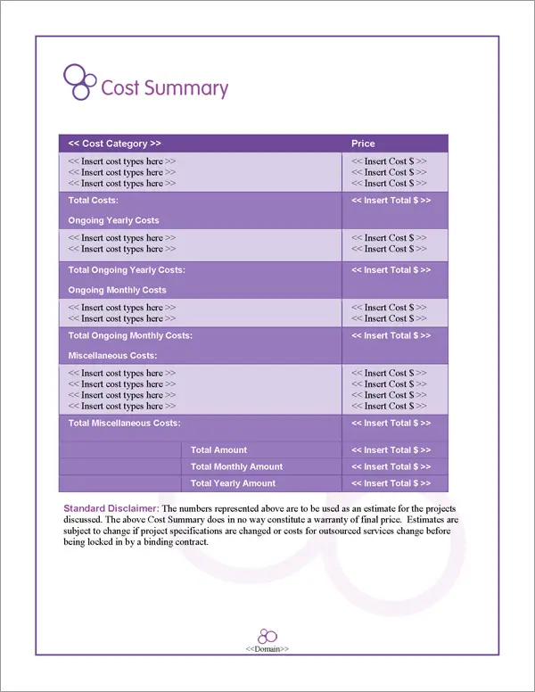 Proposal Pack Classic #16 Cost Summary Page