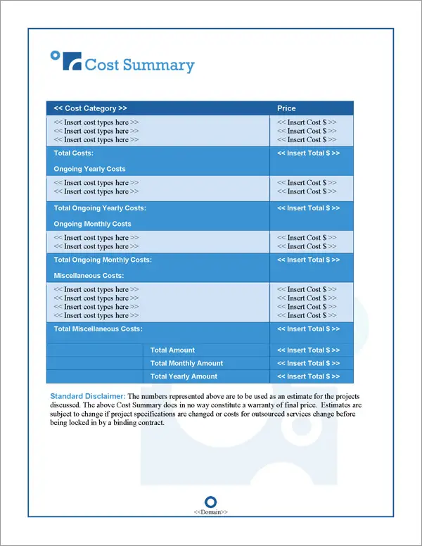 Proposal Pack Bubbles #2 Cost Summary Page