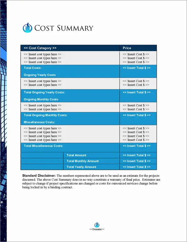 Proposal Pack Skyline #4 Cost Summary Page