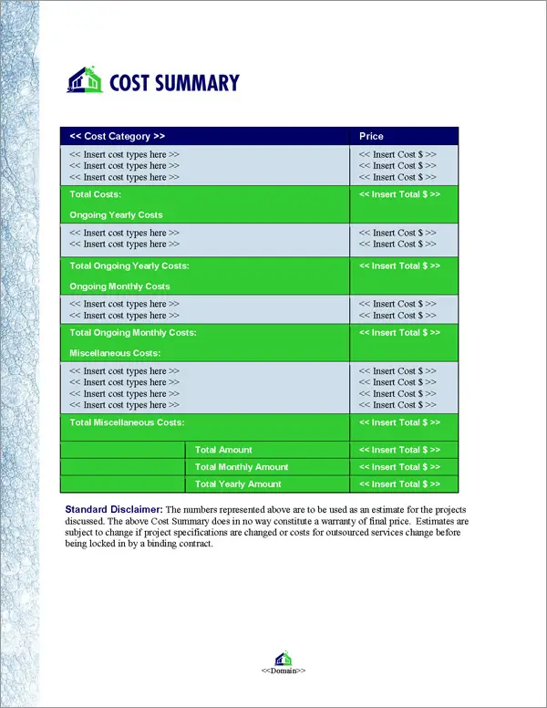 Proposal Pack Janitorial #3 Cost Summary Page