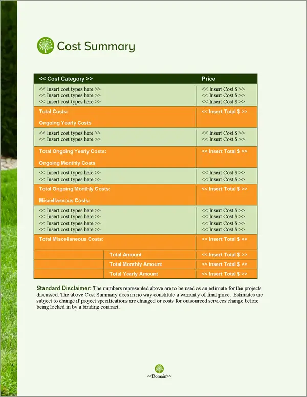 Proposal Pack Lawn #3 Cost Summary Page