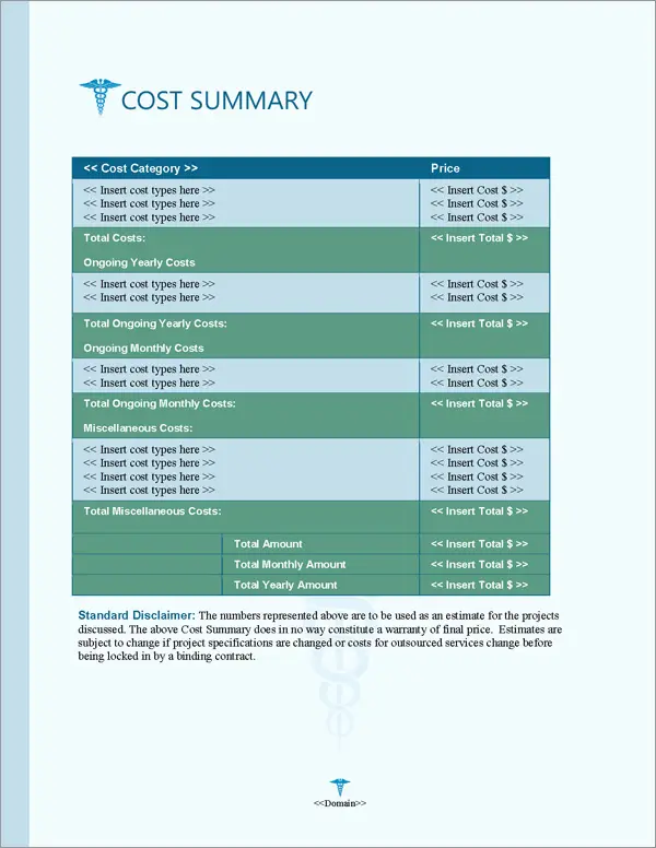 Proposal Pack Medical #7 Cost Summary Page