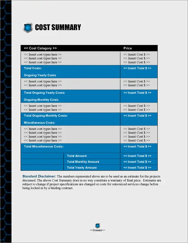 Proposal Pack Security #9 Cost Summary Page