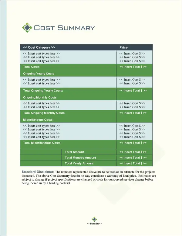 Proposal Pack Tech #8 Cost Summary Page