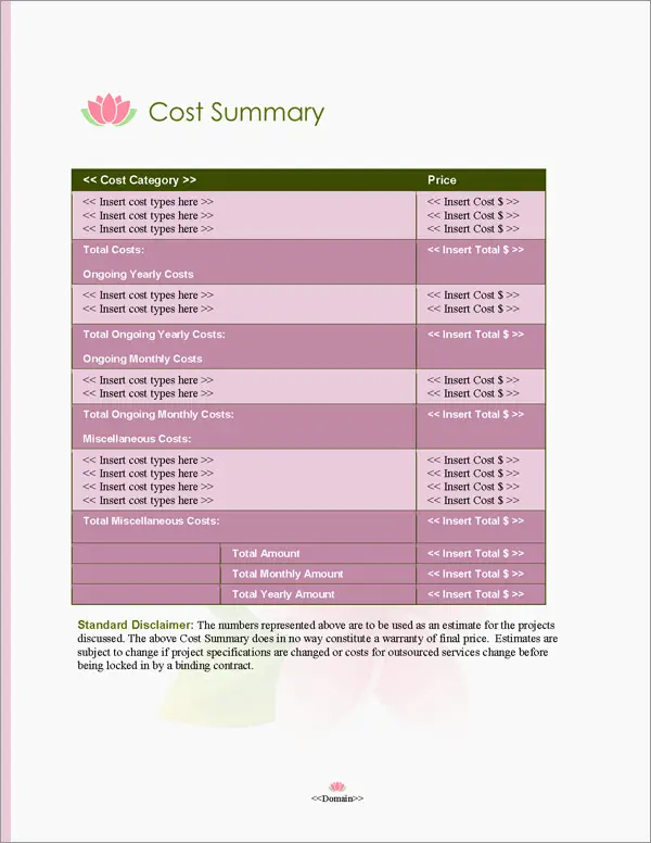 Proposal Pack Hospitality #2 Cost Summary Page