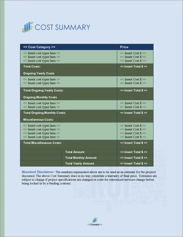 Proposal Pack Financial #4 Cost Summary Page