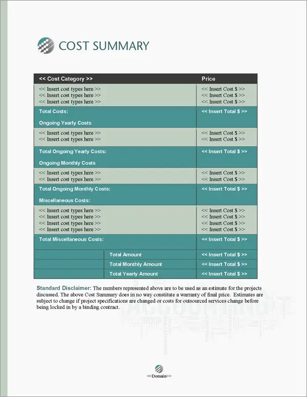 Proposal Pack Accounting #1 Cost Summary Page