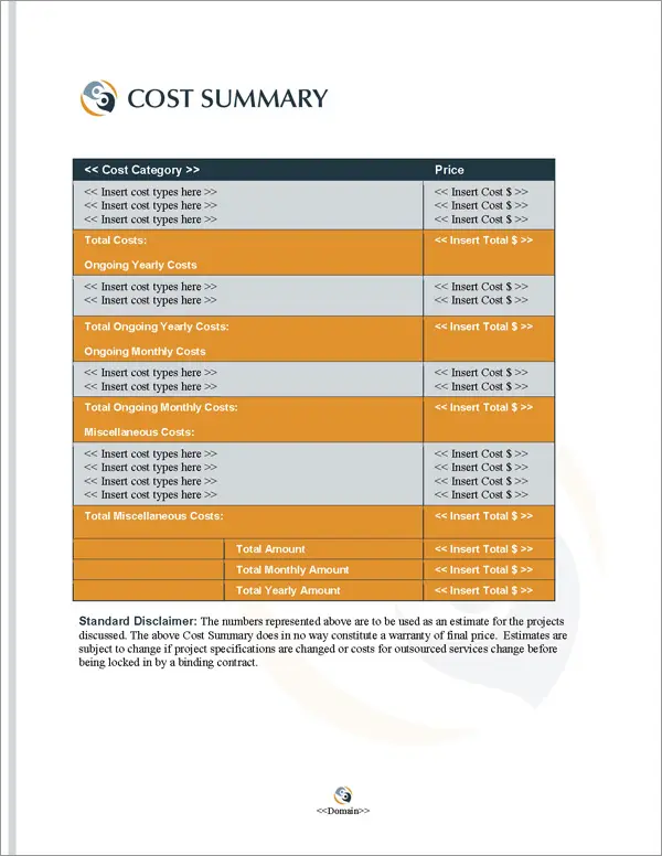 Proposal Pack Events #4 Cost Summary Page