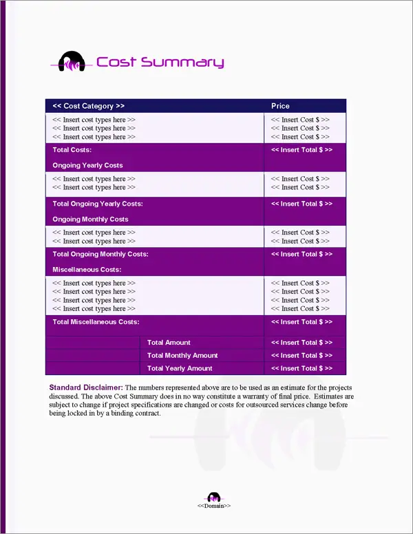 Proposal Pack Events #5 Cost Summary Page