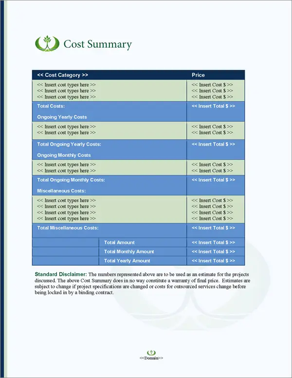 Proposal Pack Resources #1 Cost Summary Page