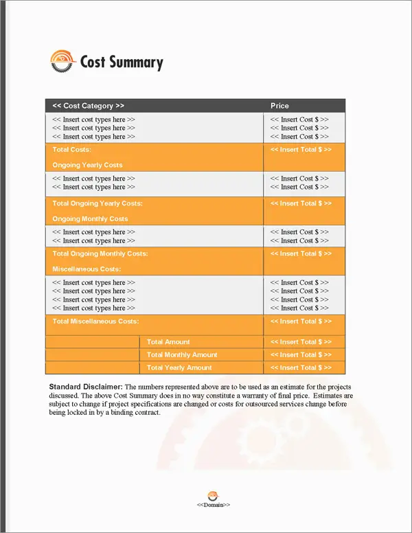 Proposal Pack Construction #6 Cost Summary Page