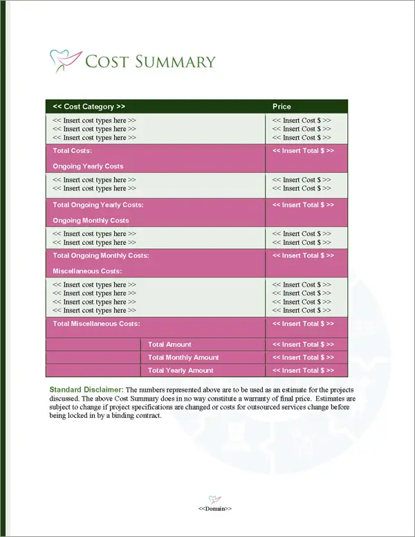 Proposal Pack Healthcare #4 Cost Summary Page