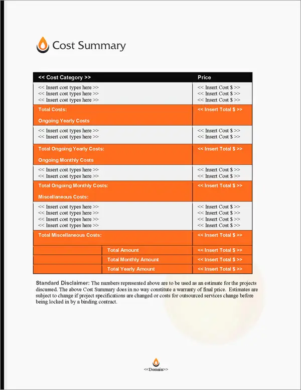 Proposal Pack Resources #2 Cost Summary Page