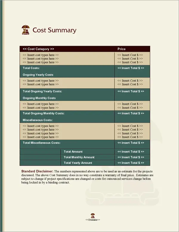 Proposal Pack Animals #6 Cost Summary Page