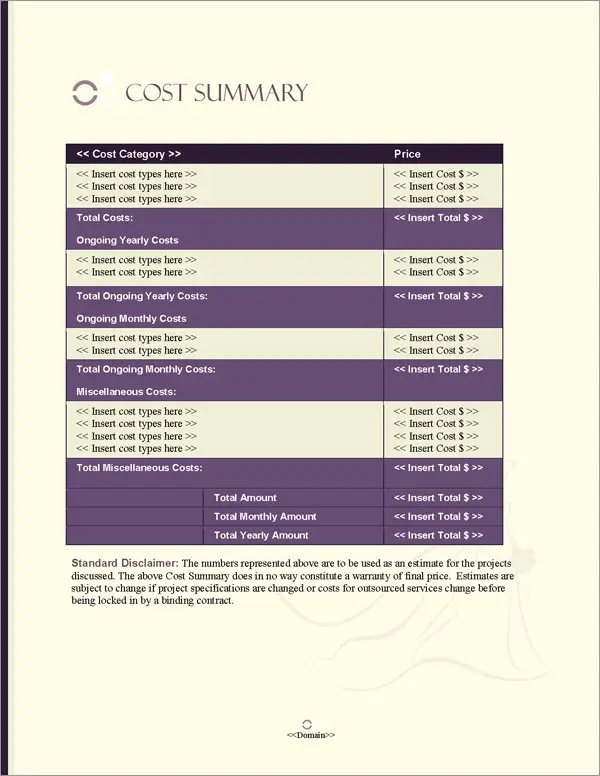 Proposal Pack Wedding #5 Cost Summary Page