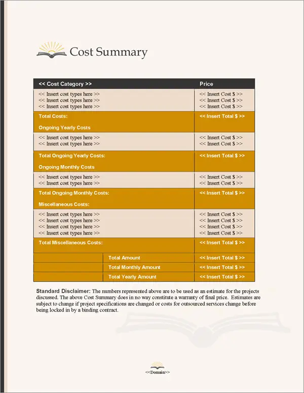 Proposal Pack Books #3 Cost Summary Page