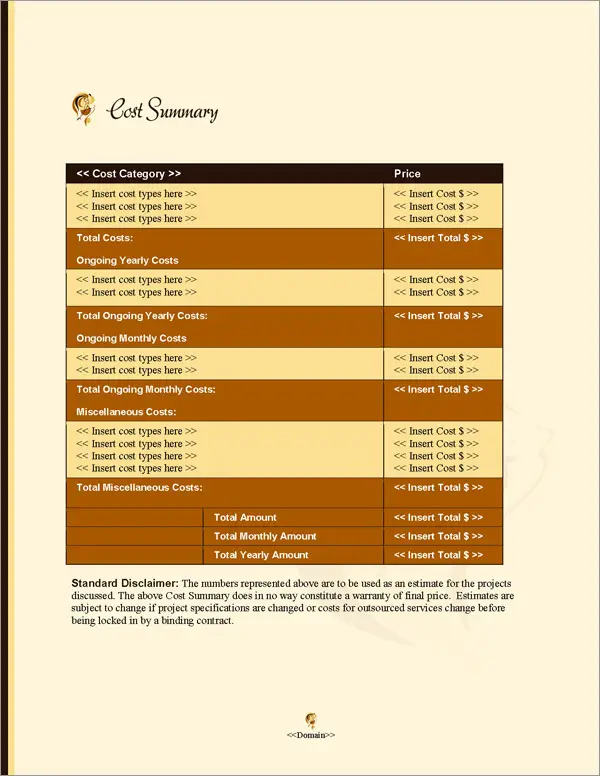 Proposal Pack Fashion #5 Cost Summary Page