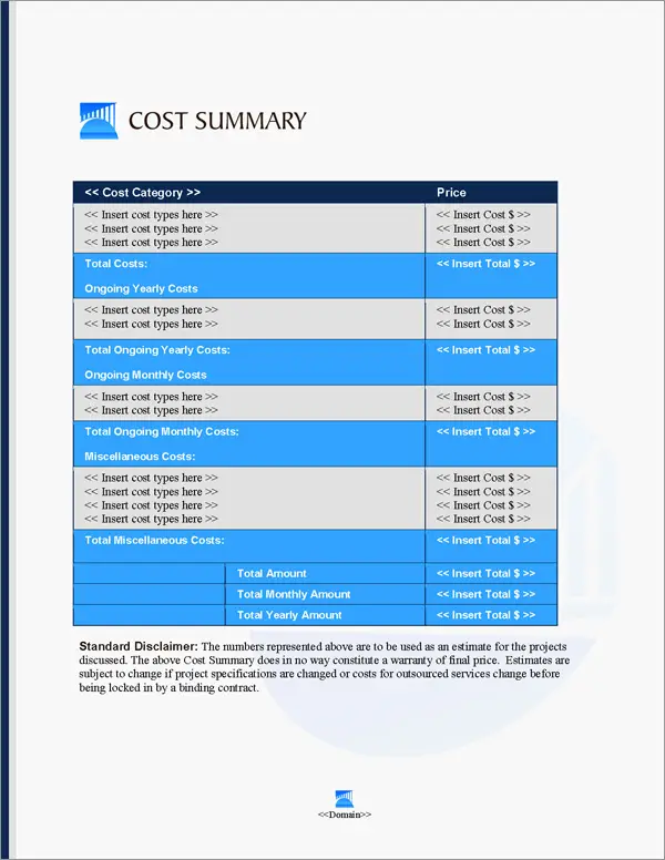 Proposal Pack Infrastructure #3 Cost Summary Page