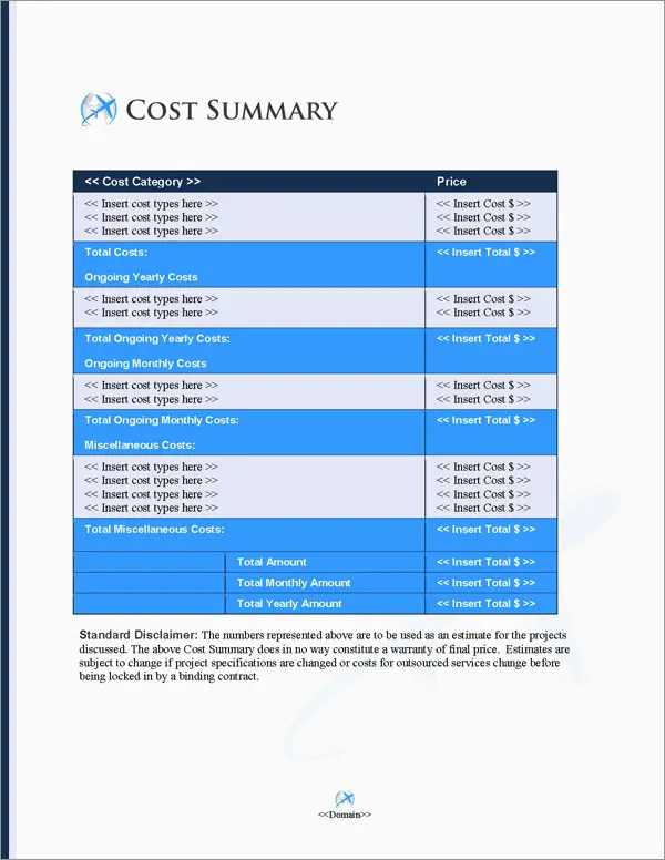 Proposal Pack Transportation #8 Cost Summary Page