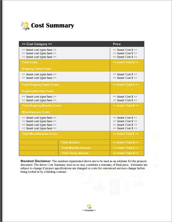 Proposal Pack Energy #10 Cost Summary Page