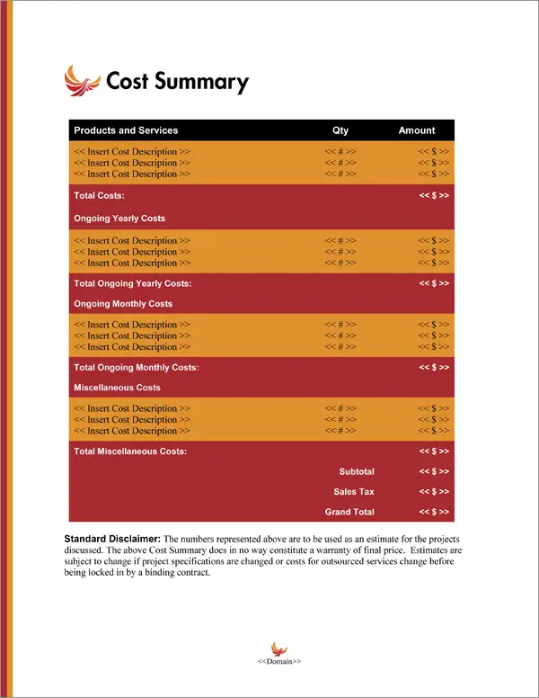 Proposal Pack Minimalist #3 Cost Summary Page