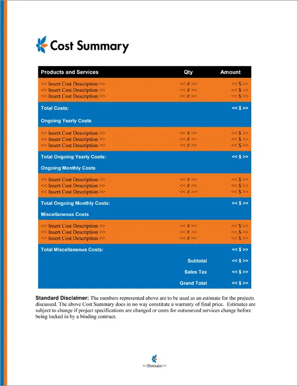 Proposal Pack Minimalist #6 Cost Summary Page