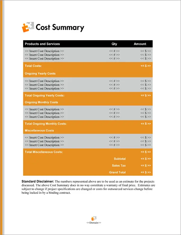 Proposal Pack Minimalist #7 Cost Summary Page