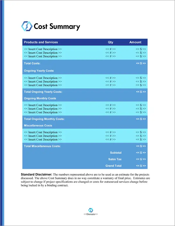 Proposal Pack Minimalist #9 Cost Summary Page