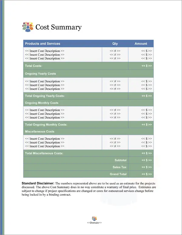 Proposal Pack Community #1 Cost Summary Page