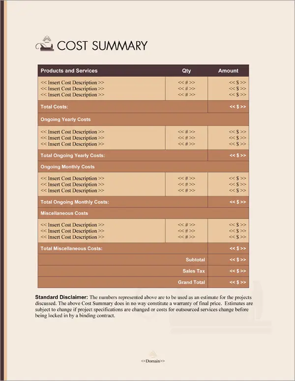 Proposal Pack Construction #7 Cost Summary Page