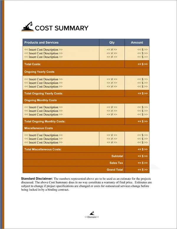 Proposal Pack Mining #3 Cost Summary Page