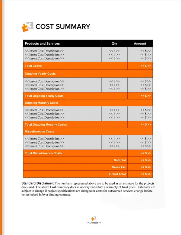 Proposal Pack Concepts #15 Cost Summary Page