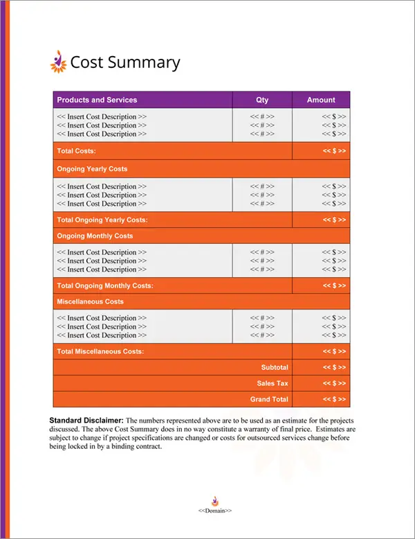 Proposal Pack Contemporary #17 Cost Summary Page