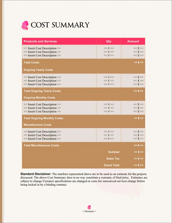 Proposal Pack Elegant #4 Cost Summary Page