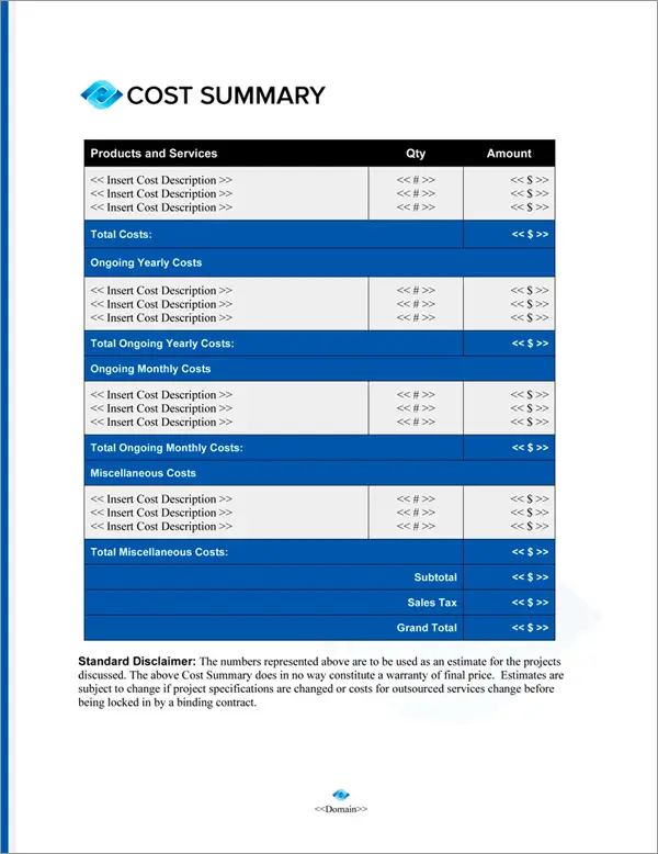 Proposal Pack Business #22 Cost Summary Page