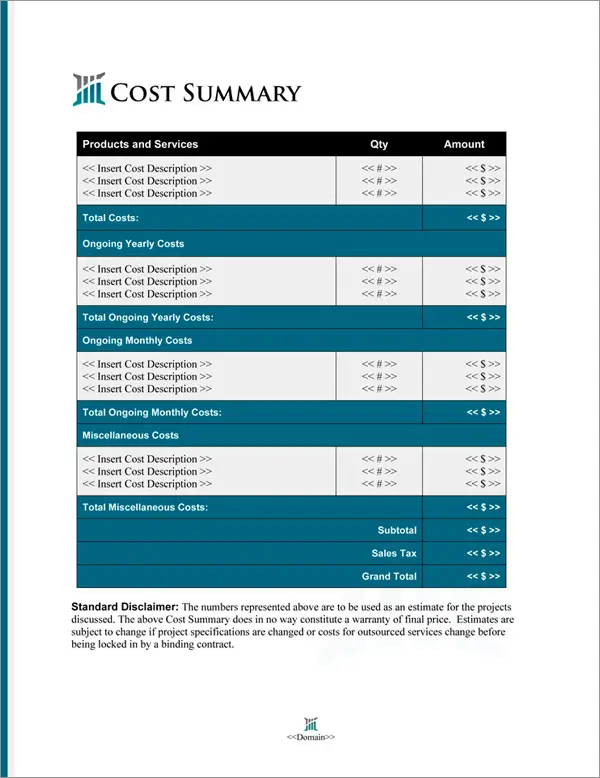 Proposal Pack Classic #18 Cost Summary Page