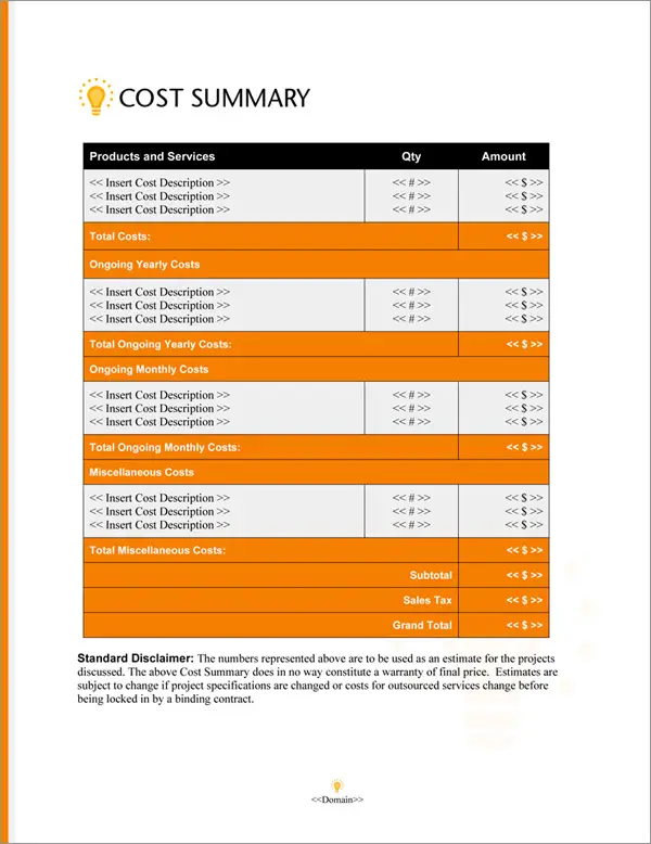 Proposal Pack Concepts #16 Cost Summary Page