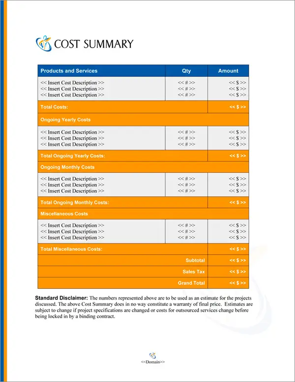 Proposal Pack Healthcare #6 Cost Summary Page