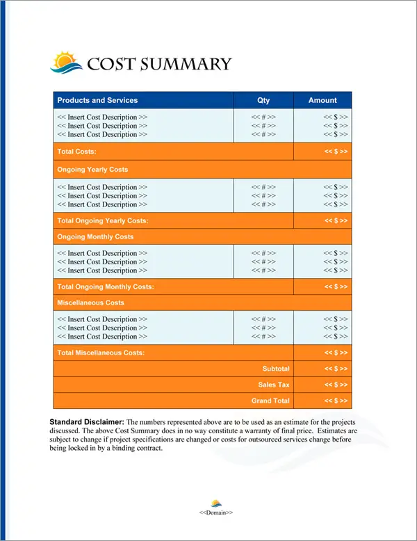 Proposal Pack Nature #7 Cost Summary Page