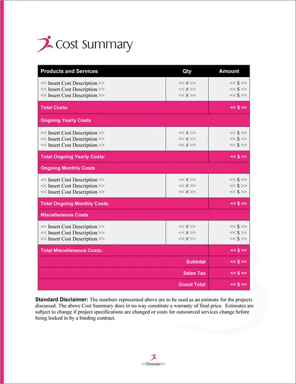 Proposal Pack Symbols #7 Cost Summary Page