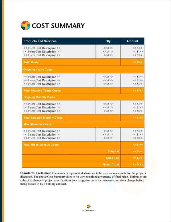 Proposal Pack Vending #1 Cost Summary Page